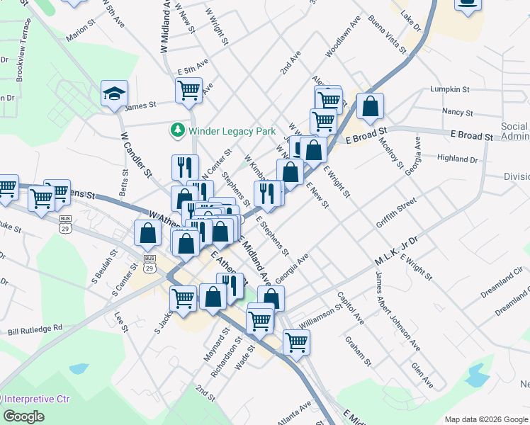 map of restaurants, bars, coffee shops, grocery stores, and more near 123 North Broad Street in Winder
