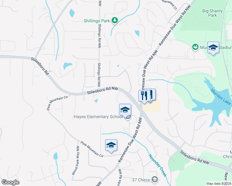 map of restaurants, bars, coffee shops, grocery stores, and more near 1643 Arbor Green Court Northwest in Kennesaw