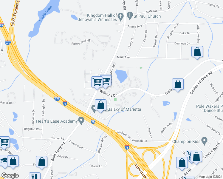 map of restaurants, bars, coffee shops, grocery stores, and more near 407 Oak Harbor Trail in Marietta