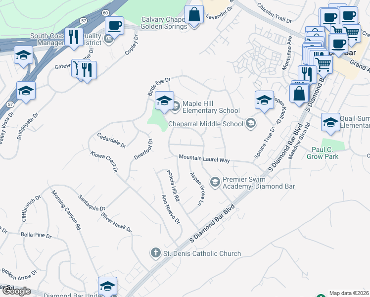 map of restaurants, bars, coffee shops, grocery stores, and more near 22438 Falconburn Way in Diamond Bar