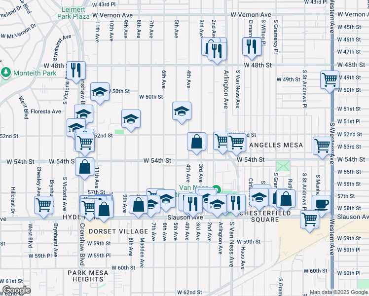map of restaurants, bars, coffee shops, grocery stores, and more near 5315 4th Avenue in Los Angeles
