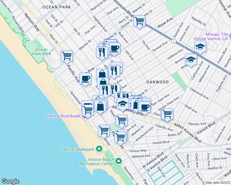 map of restaurants, bars, coffee shops, grocery stores, and more near 326 Indiana Avenue in Los Angeles