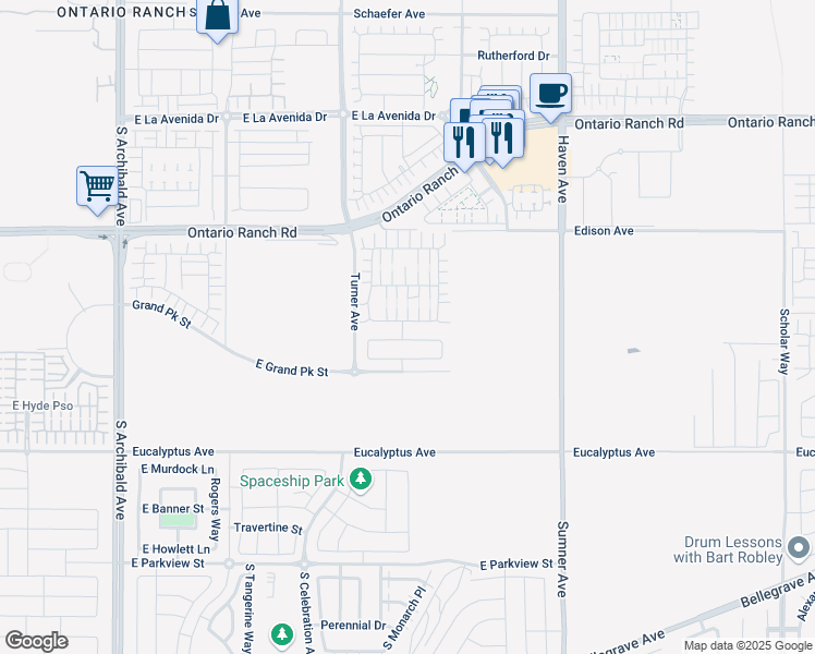 map of restaurants, bars, coffee shops, grocery stores, and more near 3202 East Yellowstone Drive in Ontario