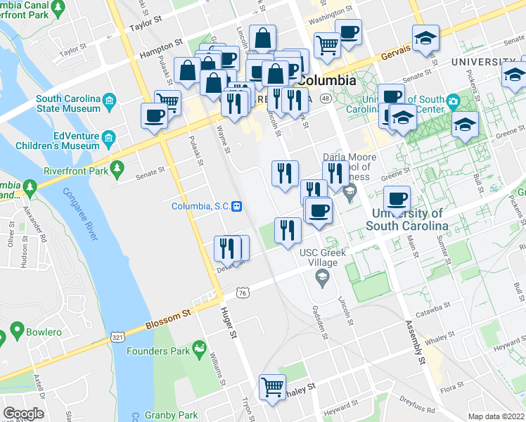 map of restaurants, bars, coffee shops, grocery stores, and more near 743 Greene Street in Columbia