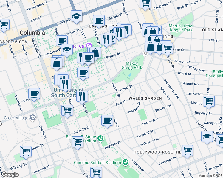 map of restaurants, bars, coffee shops, grocery stores, and more near 513 Pickens Street in Columbia