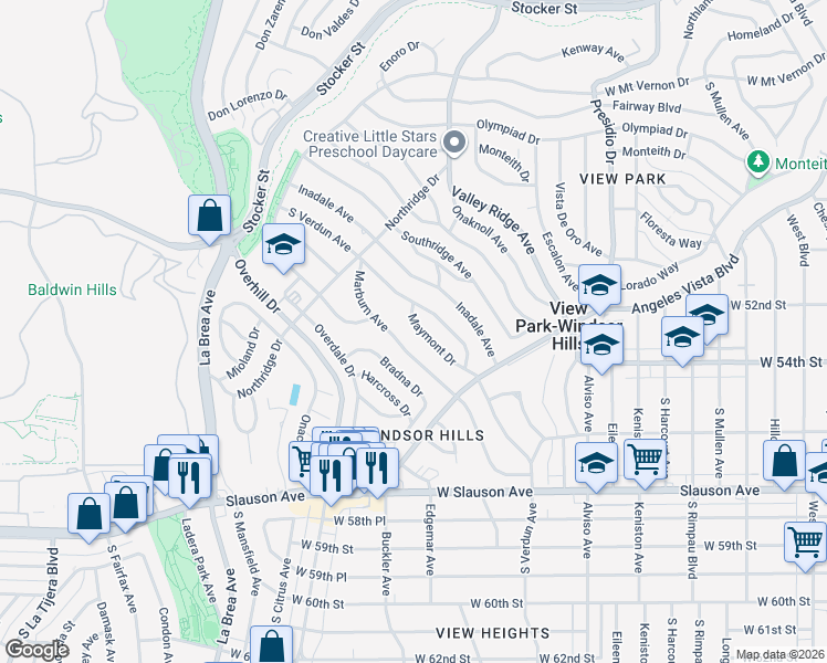 map of restaurants, bars, coffee shops, grocery stores, and more near 5203 South Verdun Avenue in View Park-Windsor Hills