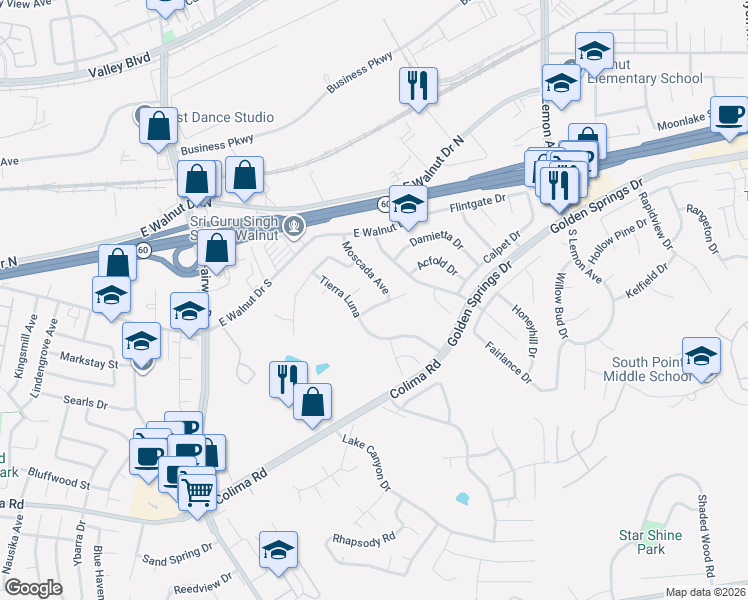 map of restaurants, bars, coffee shops, grocery stores, and more near 20123 Padrino Avenue in Walnut