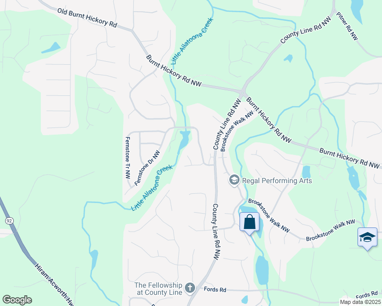 map of restaurants, bars, coffee shops, grocery stores, and more near 1584 Fernstone Circle Northwest in Acworth