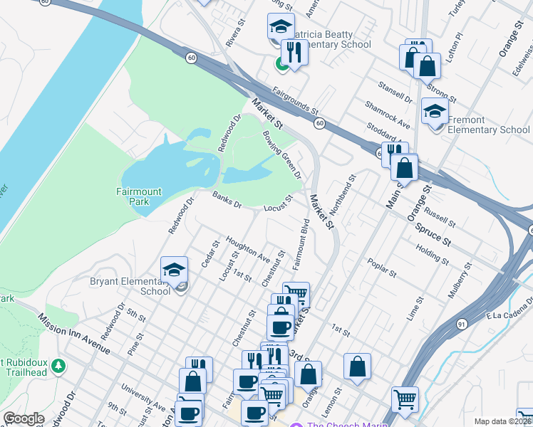 map of restaurants, bars, coffee shops, grocery stores, and more near 2700 Locust Street in Riverside
