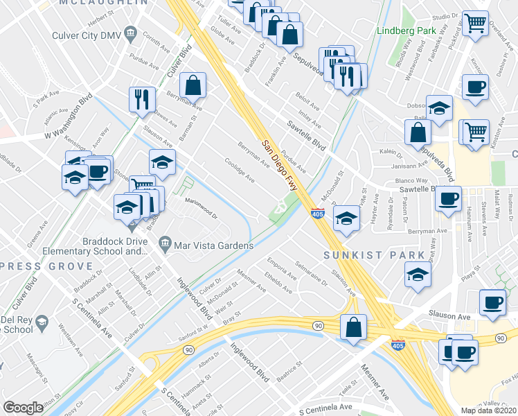 map of restaurants, bars, coffee shops, grocery stores, and more near 5015 Coolidge Avenue in Culver City