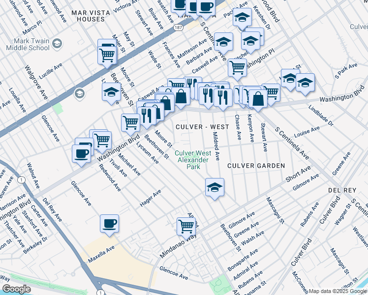 map of restaurants, bars, coffee shops, grocery stores, and more near 4124 Wade Street in Los Angeles