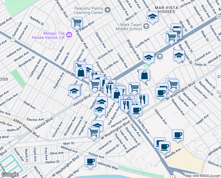 map of restaurants, bars, coffee shops, grocery stores, and more near 2418 Penmar Avenue in Los Angeles