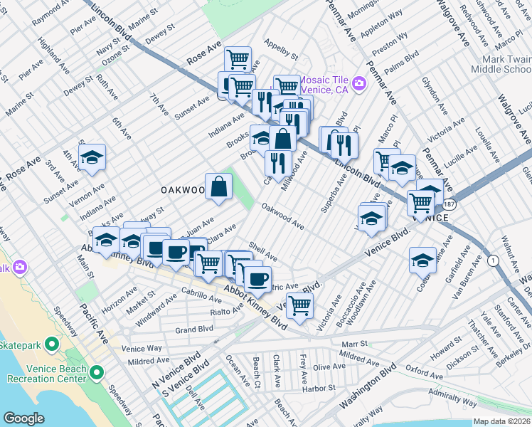 map of restaurants, bars, coffee shops, grocery stores, and more near 1414 Oakwood Avenue in Los Angeles