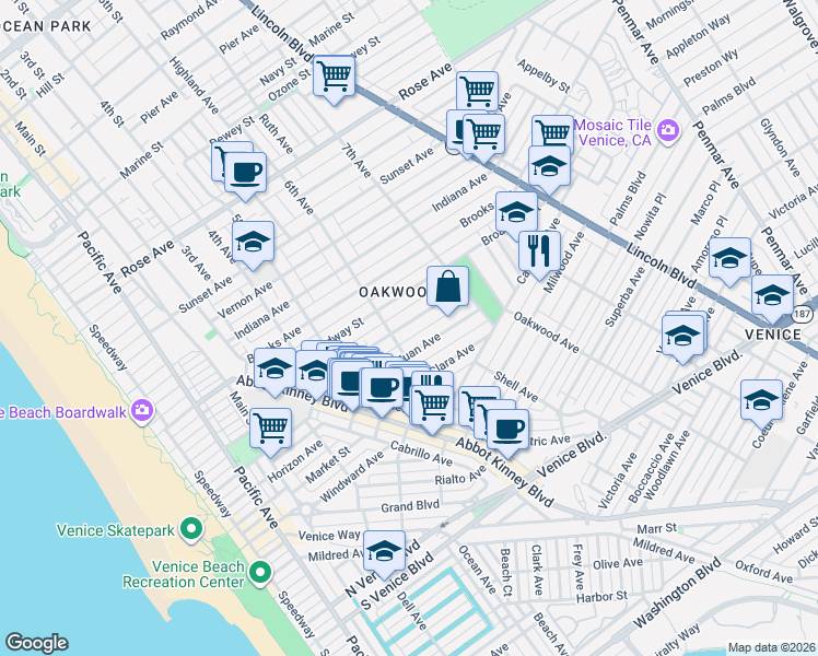 map of restaurants, bars, coffee shops, grocery stores, and more near 627 Westminster Avenue in Los Angeles