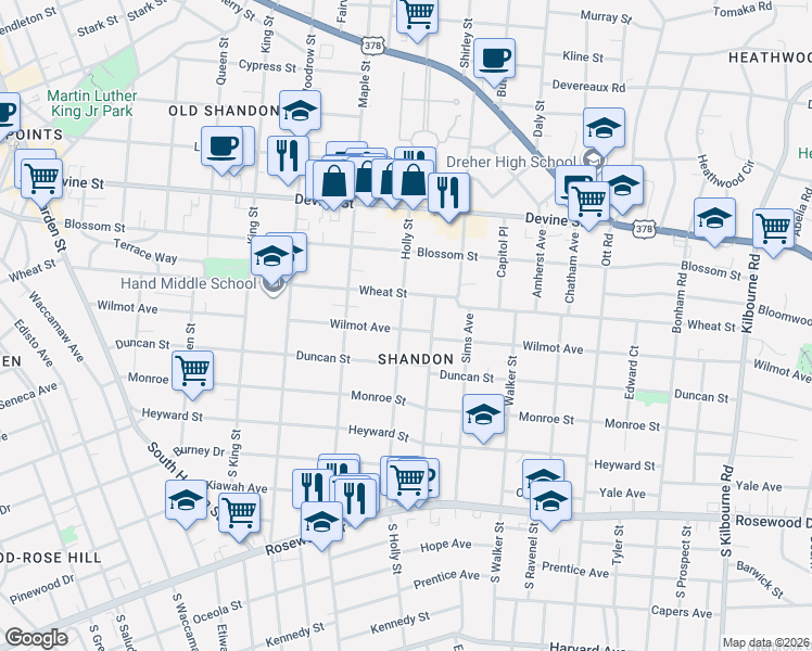 map of restaurants, bars, coffee shops, grocery stores, and more near 426 Holly Street in Columbia