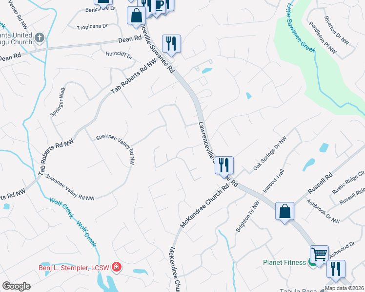map of restaurants, bars, coffee shops, grocery stores, and more near 1855 Suwanee Lane Northwest in Lawrenceville