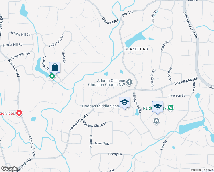 map of restaurants, bars, coffee shops, grocery stores, and more near 1801 Danforth Drive in Marietta