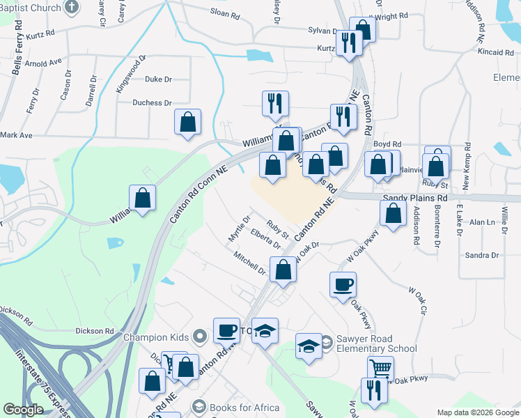map of restaurants, bars, coffee shops, grocery stores, and more near 721 Ruby Street in Marietta