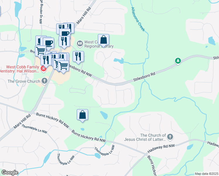 map of restaurants, bars, coffee shops, grocery stores, and more near 1624 Climbing Rose Court Northwest in Kennesaw