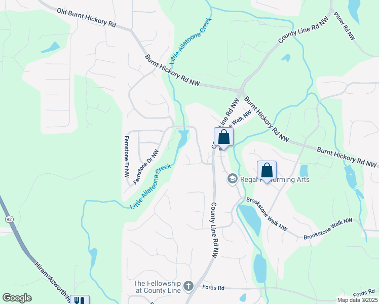 map of restaurants, bars, coffee shops, grocery stores, and more near 1584 Fernstone Circle Northwest in Acworth