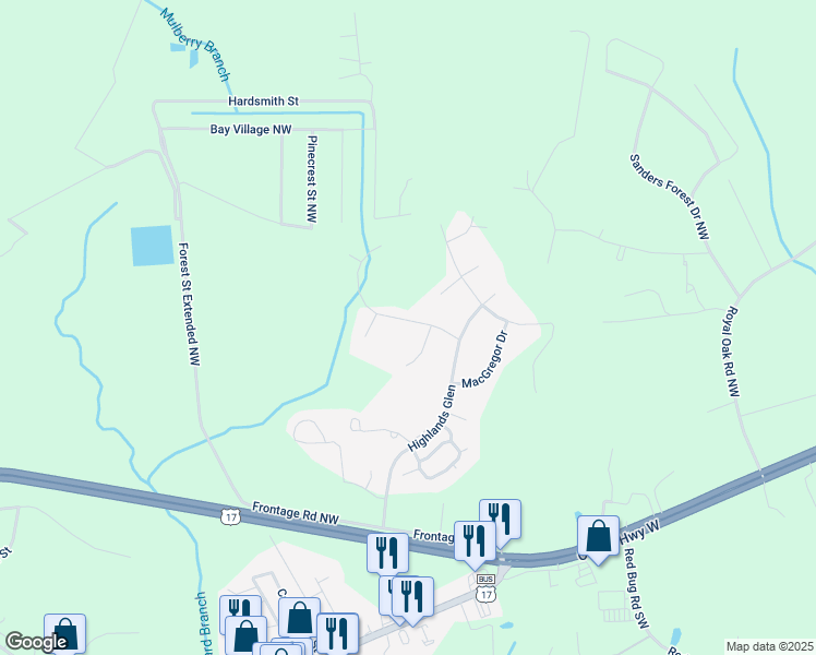 map of restaurants, bars, coffee shops, grocery stores, and more near 21 Edinburgh Drive in Shallotte