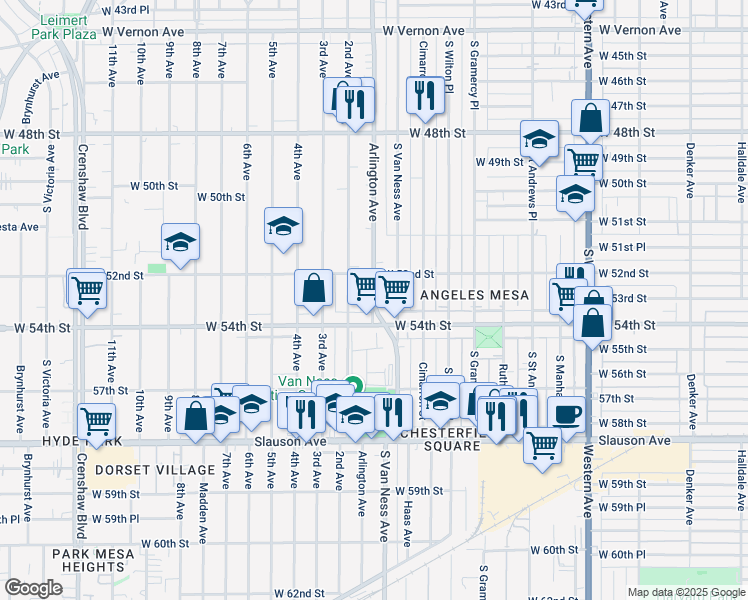 map of restaurants, bars, coffee shops, grocery stores, and more near Arlington Ave & S Van Ness Pl in Los Angeles