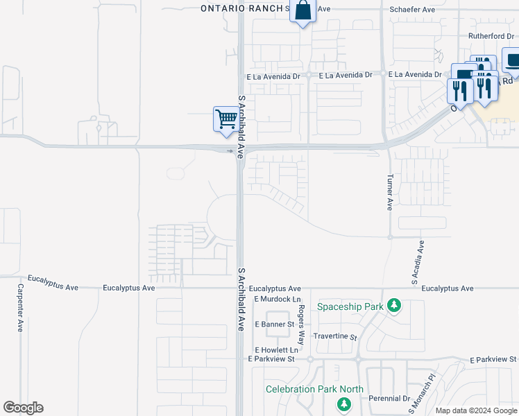 map of restaurants, bars, coffee shops, grocery stores, and more near 14299 South Archibald Avenue in Ontario