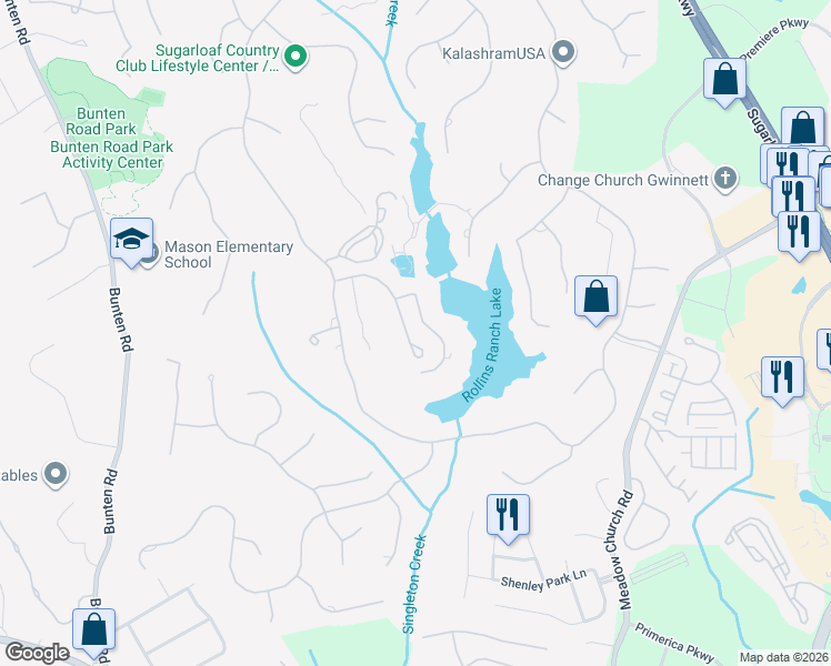 map of restaurants, bars, coffee shops, grocery stores, and more near 2291 Grady Ridge Drive in Duluth