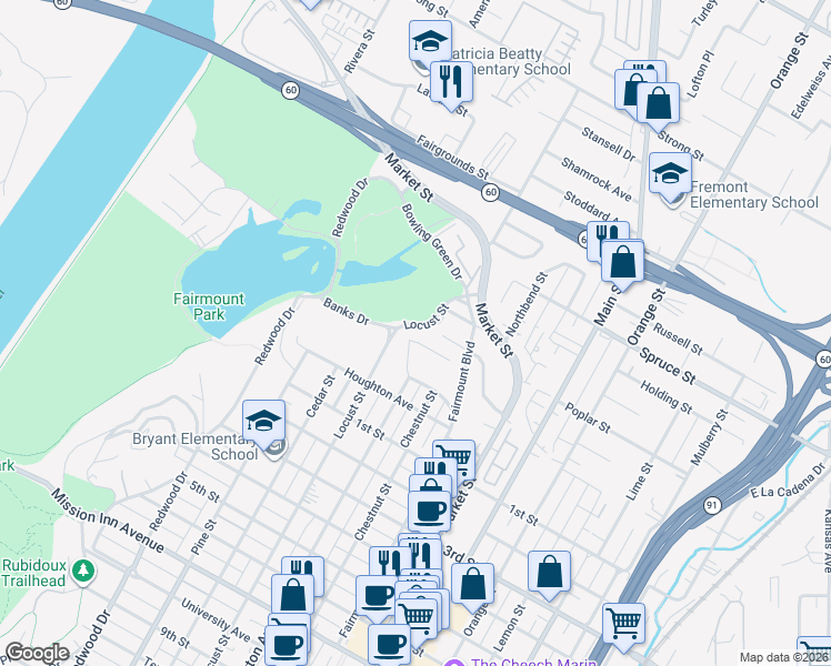 map of restaurants, bars, coffee shops, grocery stores, and more near 2700 Locust Street in Riverside