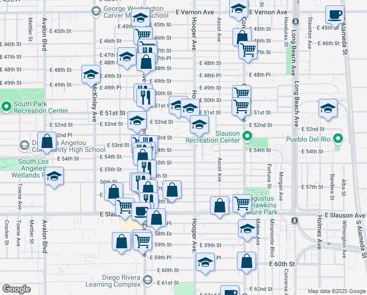 map of restaurants, bars, coffee shops, grocery stores, and more near 1249 East 54th Street in Los Angeles