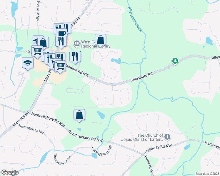 map of restaurants, bars, coffee shops, grocery stores, and more near 1799 Rose Hedge Way Northwest in Kennesaw