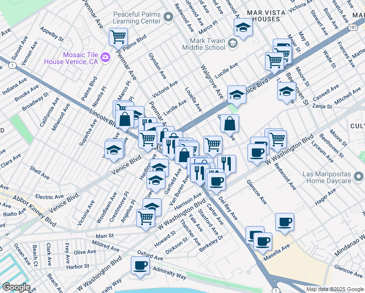 map of restaurants, bars, coffee shops, grocery stores, and more near 2418 Penmar Avenue in Los Angeles