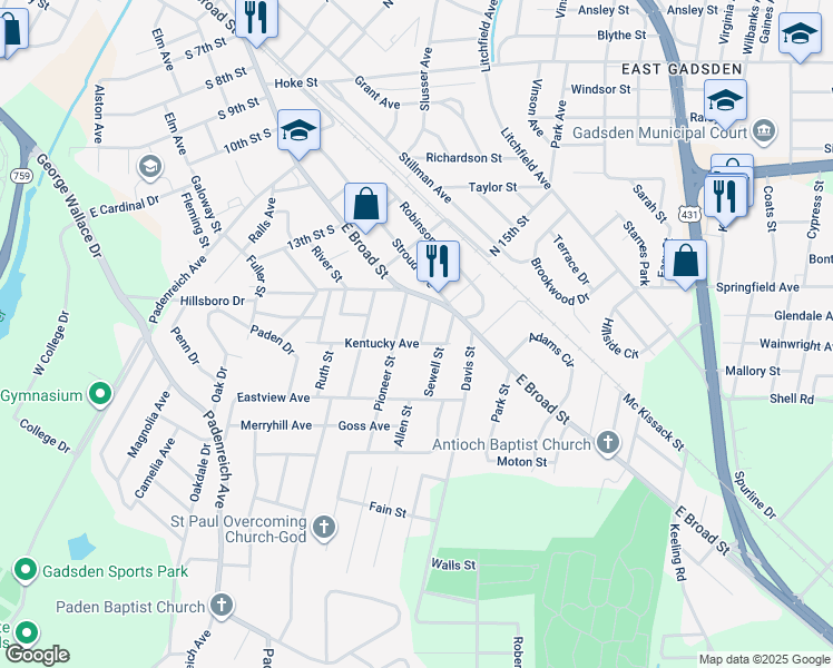 map of restaurants, bars, coffee shops, grocery stores, and more near 115 Allen Street in Gadsden