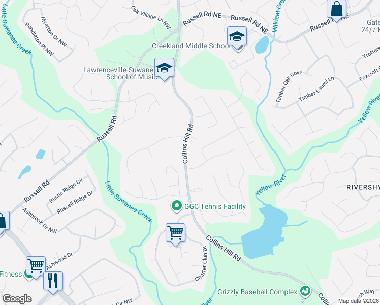 map of restaurants, bars, coffee shops, grocery stores, and more near 1491 Collins Hill Road in Lawrenceville