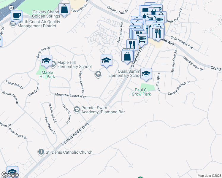 map of restaurants, bars, coffee shops, grocery stores, and more near 1641 South Diamond Bar Boulevard in Diamond Bar