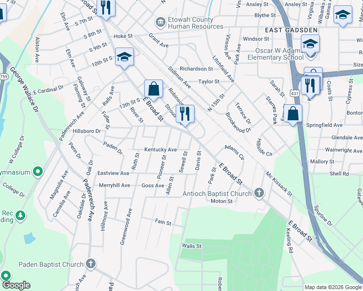 map of restaurants, bars, coffee shops, grocery stores, and more near 115 Allen Street in Gadsden