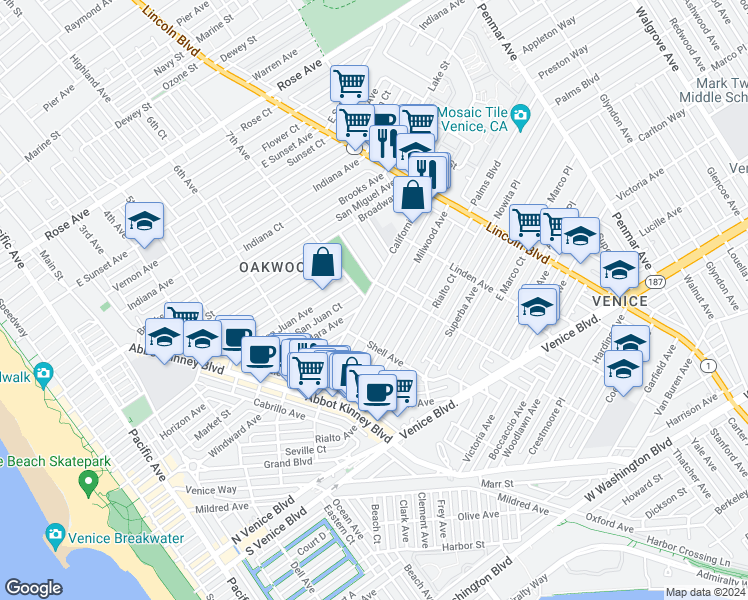 map of restaurants, bars, coffee shops, grocery stores, and more near 750 California Avenue in Los Angeles