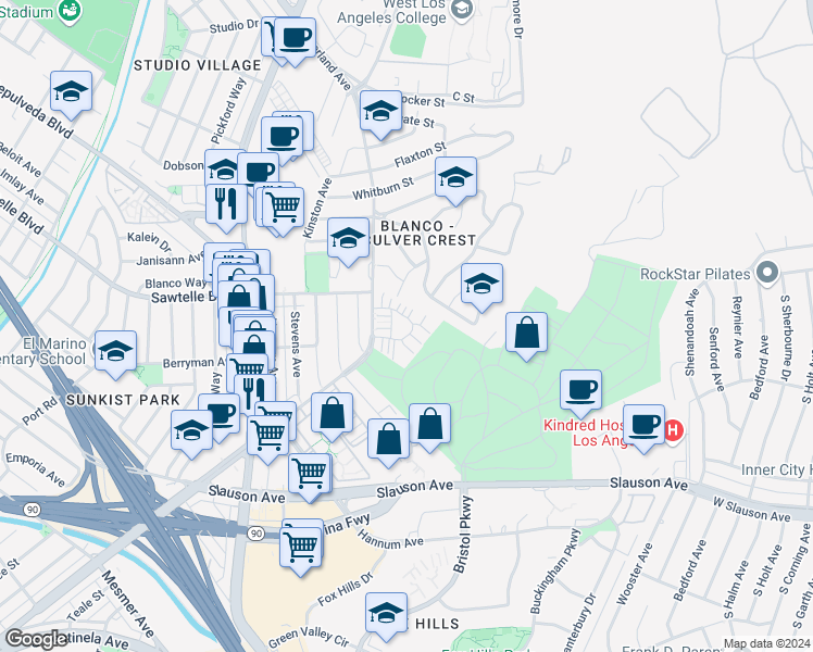 map of restaurants, bars, coffee shops, grocery stores, and more near 11260 Overland Avenue in Culver City