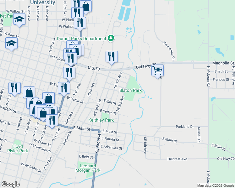 map of restaurants, bars, coffee shops, grocery stores, and more near 602 Northeast 4th Avenue in Durant