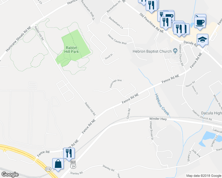 map of restaurants, bars, coffee shops, grocery stores, and more near 2103 Yarbrough Way in Dacula