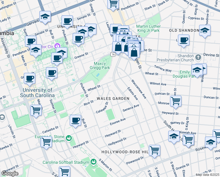 map of restaurants, bars, coffee shops, grocery stores, and more near 1800 Wheat Street in Columbia