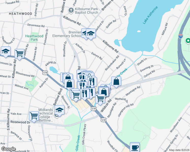 map of restaurants, bars, coffee shops, grocery stores, and more near 703 Buckingham Road in Columbia