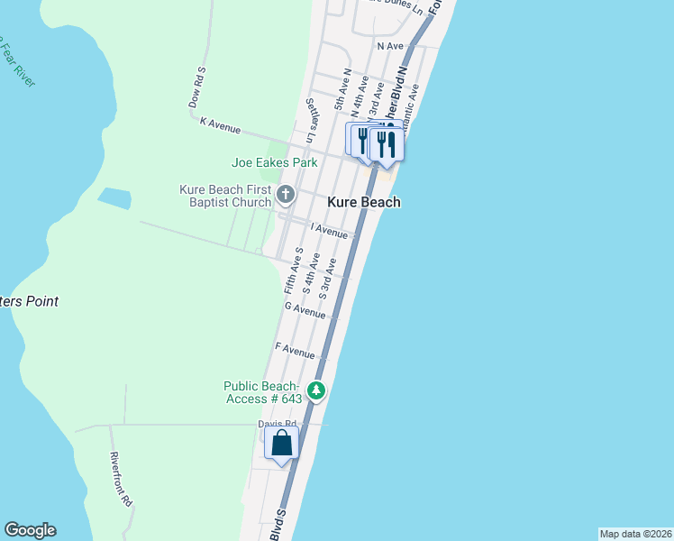 map of restaurants, bars, coffee shops, grocery stores, and more near 327 South 3rd Avenue in Kure Beach