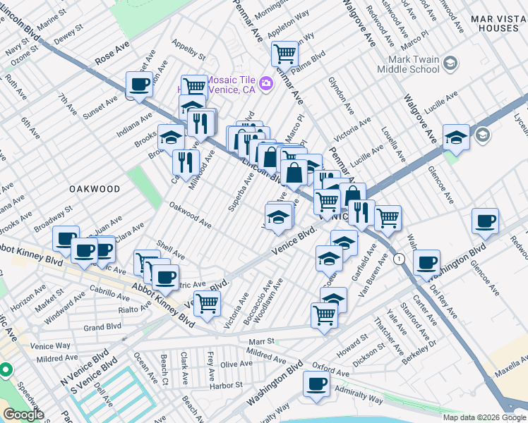 map of restaurants, bars, coffee shops, grocery stores, and more near 2012 Linden Avenue in Los Angeles