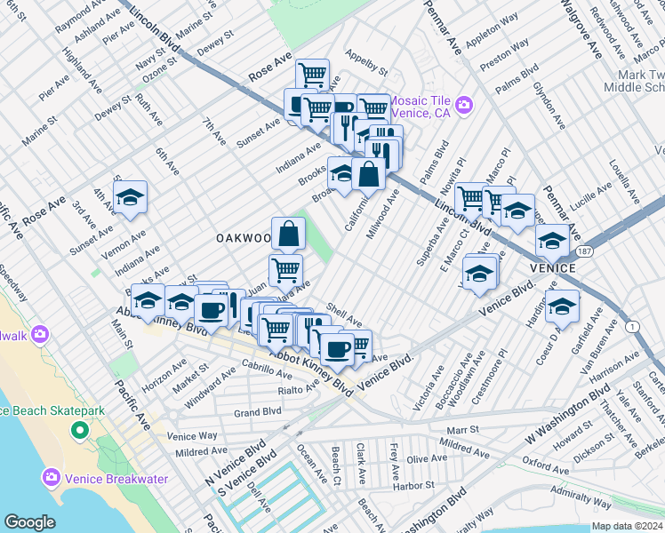 map of restaurants, bars, coffee shops, grocery stores, and more near 750 California Avenue in Los Angeles