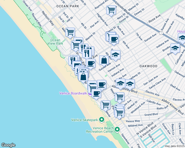 map of restaurants, bars, coffee shops, grocery stores, and more near 510 Pacific Avenue in Los Angeles