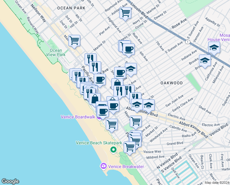 map of restaurants, bars, coffee shops, grocery stores, and more near 610 Main Street in Los Angeles