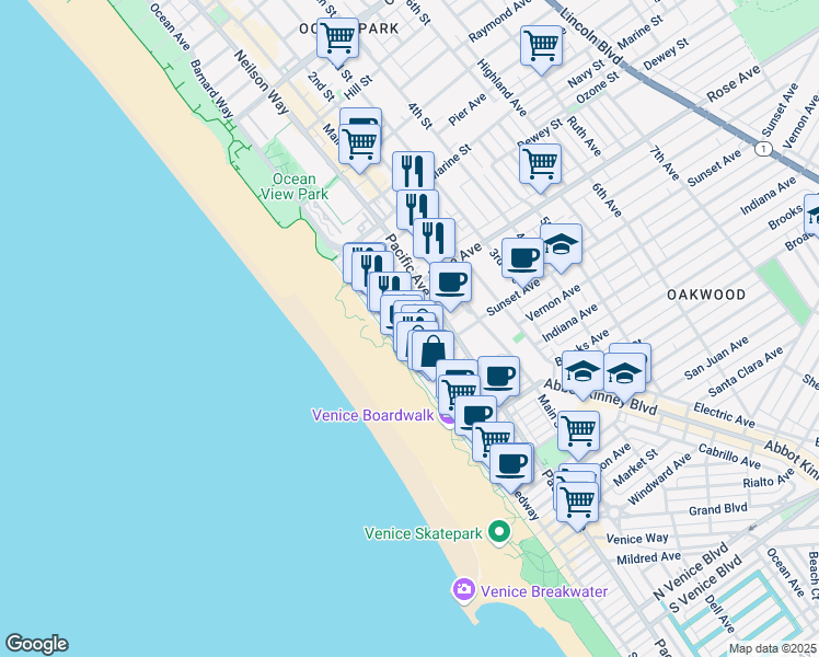 map of restaurants, bars, coffee shops, grocery stores, and more near 22 Dudley Avenue in Los Angeles