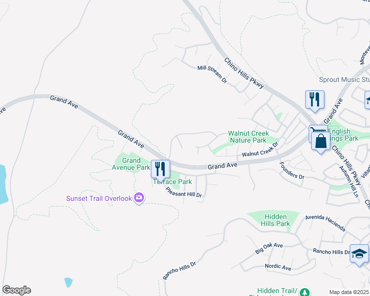 map of restaurants, bars, coffee shops, grocery stores, and more near 14269 Sapphire Hill Lane in Chino Hills