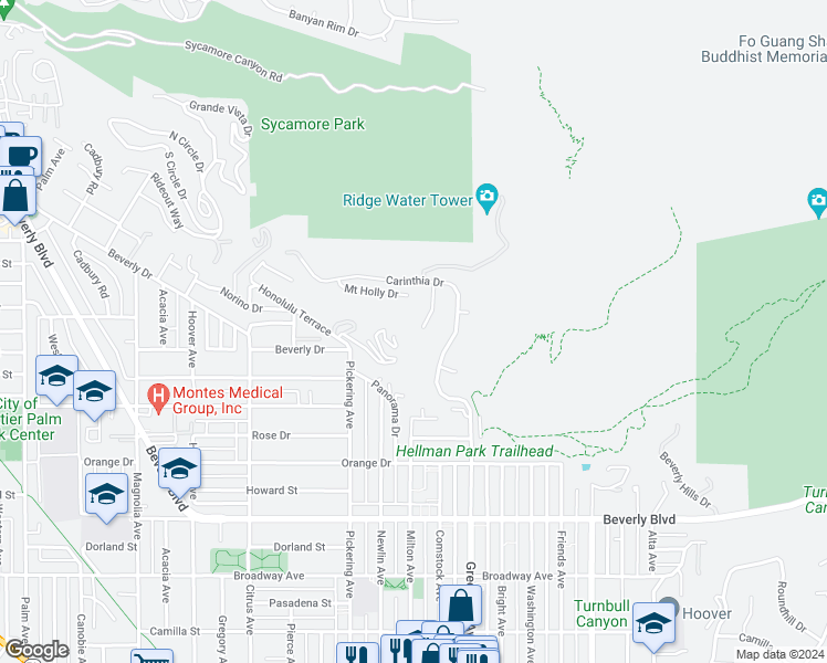 map of restaurants, bars, coffee shops, grocery stores, and more near 5535 Brookmead Drive in Whittier